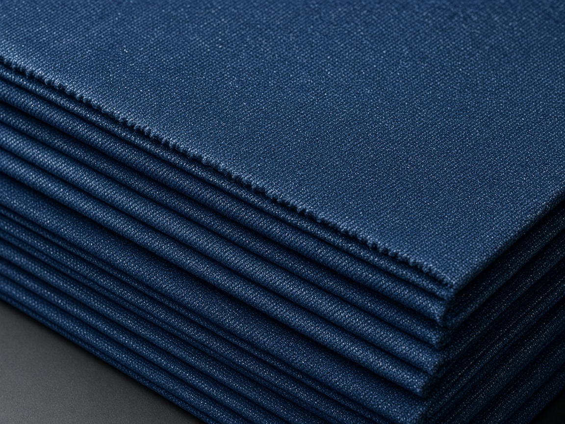 Stacked indigo denim yardage with a diagonal twill and no garment labels. Illustrative image, not ETECJK inventory or a facility.