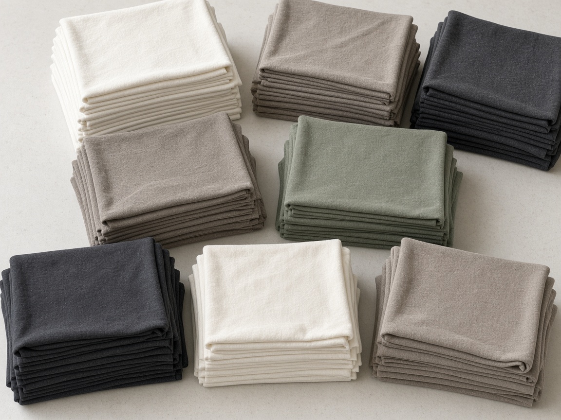 Folded stacks of neutral apparel cloth used to illustrate wholesale presentation.