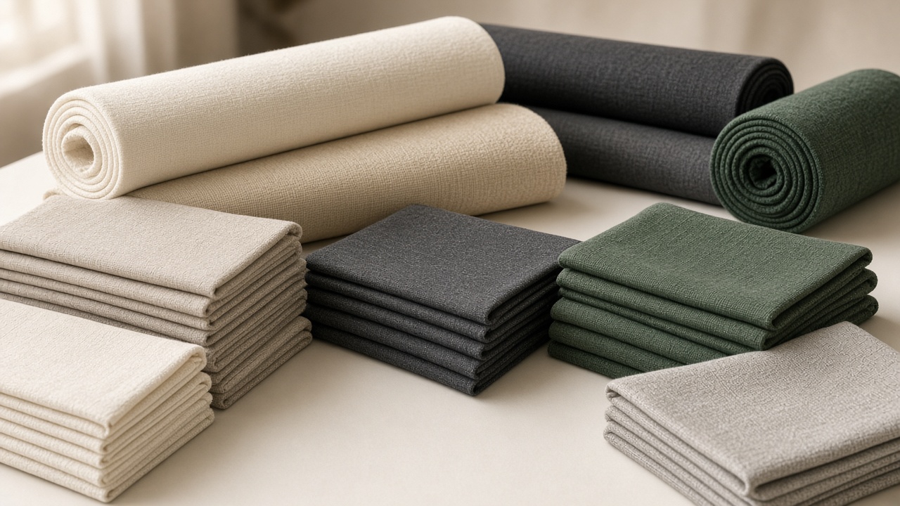 Rolled apparel fabrics in ivory, sand, charcoal, and forest tones. Editorial photograph, not an ETECJK facility or inventory.