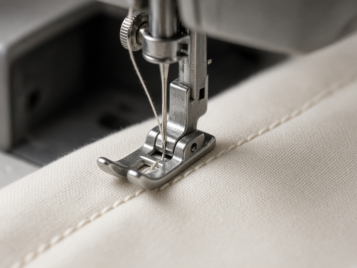Sewing machine needle and stitch used to illustrate garment production.